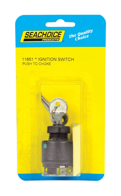 Emery Jensen marine ignition switch with choke, installed on boat dashboard, featuring key slot and control knobs.
