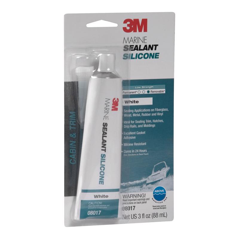 White marine silicone sealant in a 3oz tube from Emery Jensen, designed for waterproof sealing on boats and marine surfaces.
