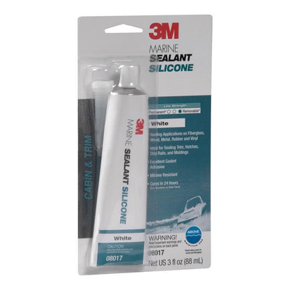 White marine silicone sealant in a 3oz tube from Emery Jensen, designed for waterproof sealing on boats and marine surfaces.