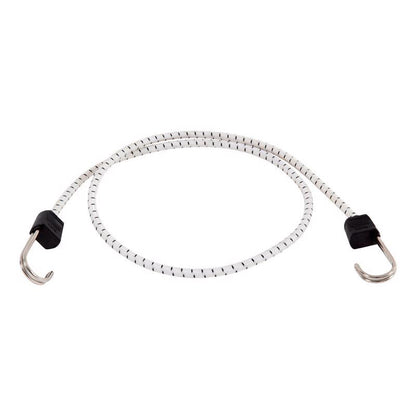 Pack of 10 black and white 48-inch Emery Jensen marine stretch bungee cords with hooks, ideal for securing items.