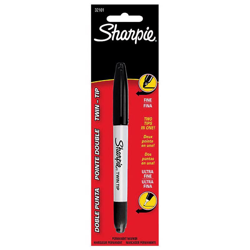 Set of six Emery Jensen MARKR SHRPIE Twintip black markers, ideal for drawing and coloring projects.