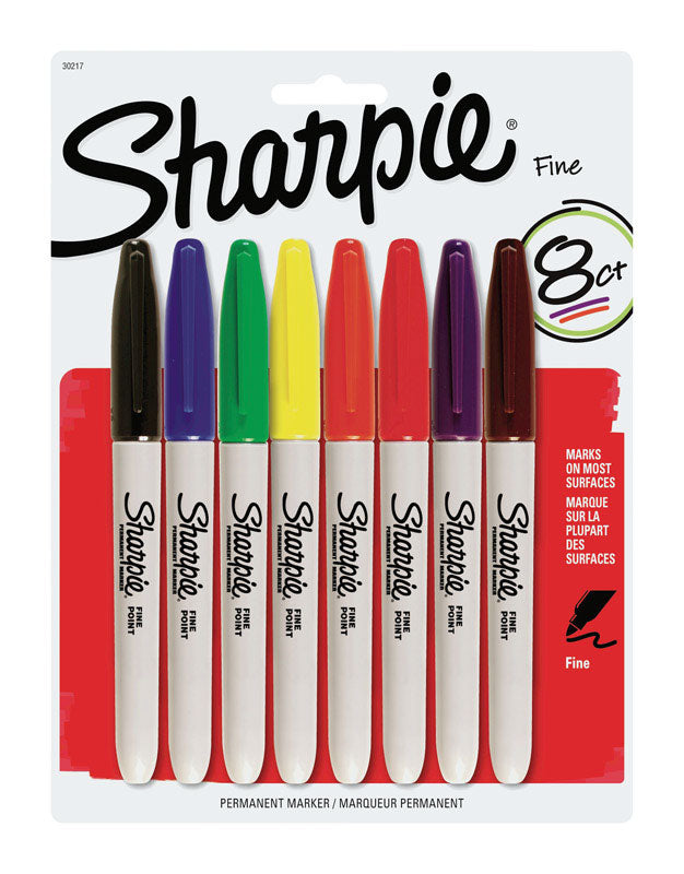 Set of eight Emery Jensen Sharpie FP markers with colorful ink, ideal for writing and marking on various surfaces.