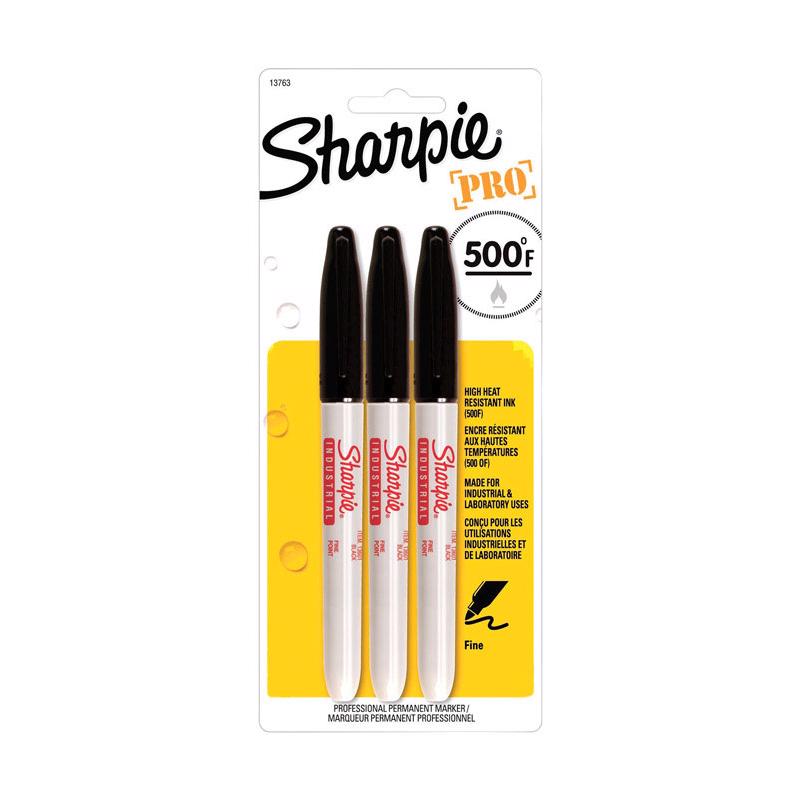 Black Sharpie industrial fine point marker by Emery Jensen displayed with the marker tip and packaging.