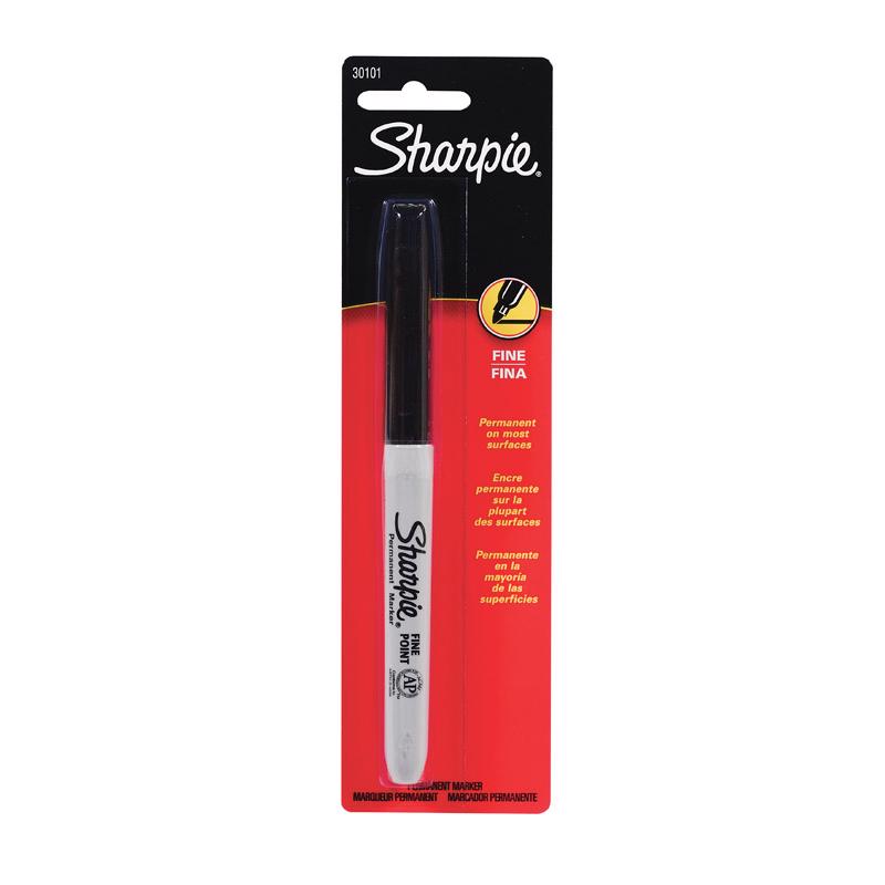 Set of six Emery Jensen Sharpie Fine Black Markers, versatile permanent markers for writing and drawing.