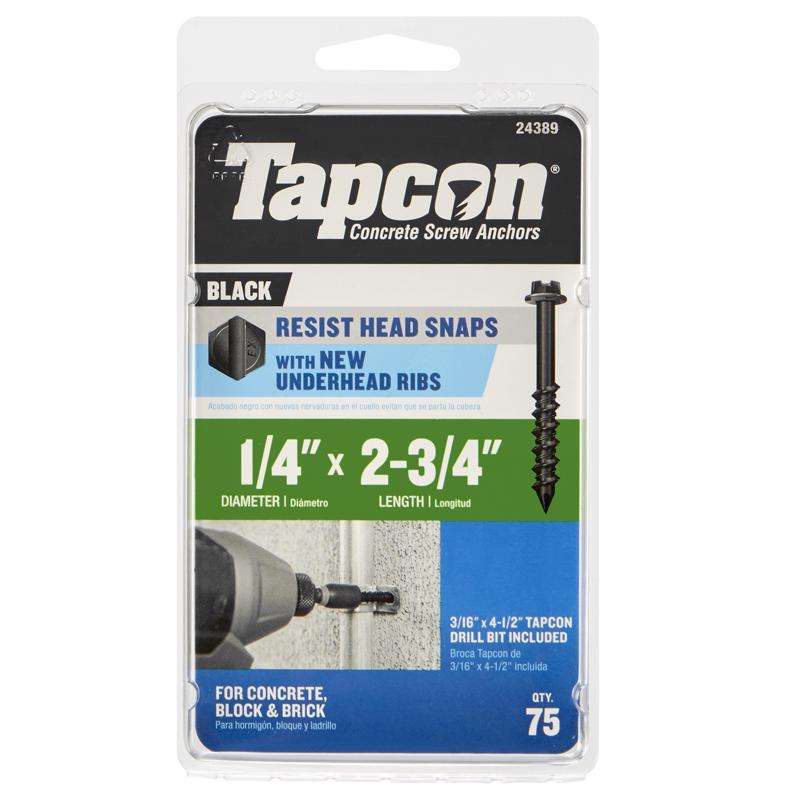 Emery Jensen masonry Tapcon screw in 1/4x2-3/4 inch size for concrete and block installation, shown in close-up view
