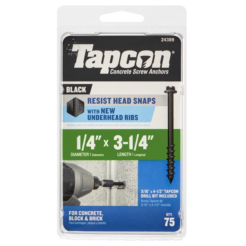 Emery Jensen masonry tapcon bolt in black, 1/4 inch by 3-1/4 inch, used for secure anchoring in concrete and masonry.