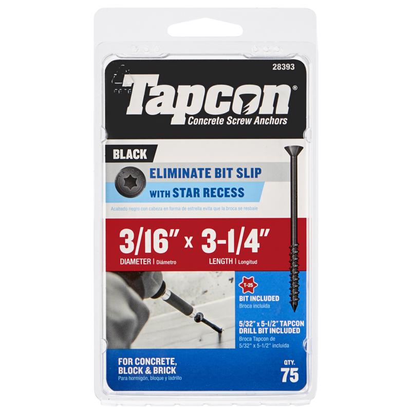 Emery Jensen masonry 3/16x3-1/4 inch black steel tap drill bit for masonry drilling, shown in the product image.