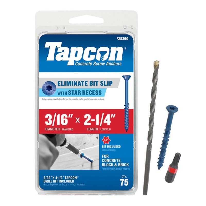 Emery Jensen masonry screw, 3/16 inch by 2 1/4 inch, 75-pack, designed for durable masonry fastening applications.