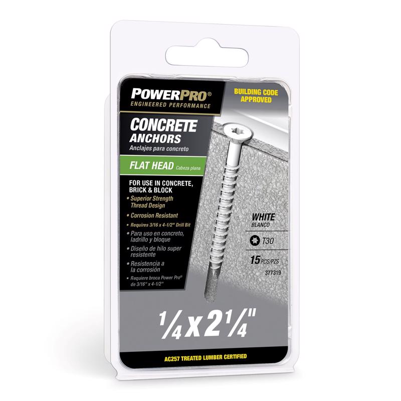 Emery Jensen masonry concrete screw anchors in a white plastic container, ideal for securing in concrete and masonry.