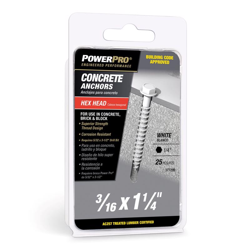 White masonry concrete screws and anchors from Emery Jensen, 25-pack, used for secure fastening in concrete and masonry.