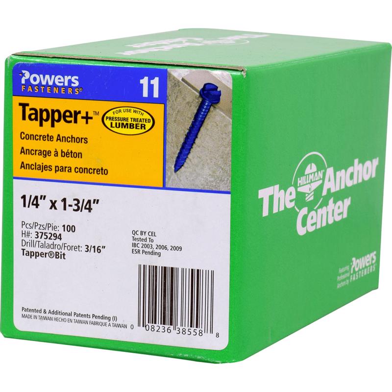 Emery Jensen RAWL TAPR HWH 1/4X1-3/4 masonry anchor showing metal construction for securing masonry surfaces.