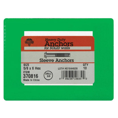 Emery Jensen masonry Sleeve Anchor HX 5/8x6 inch, pack of 10, shown installed in concrete for secure fastening.