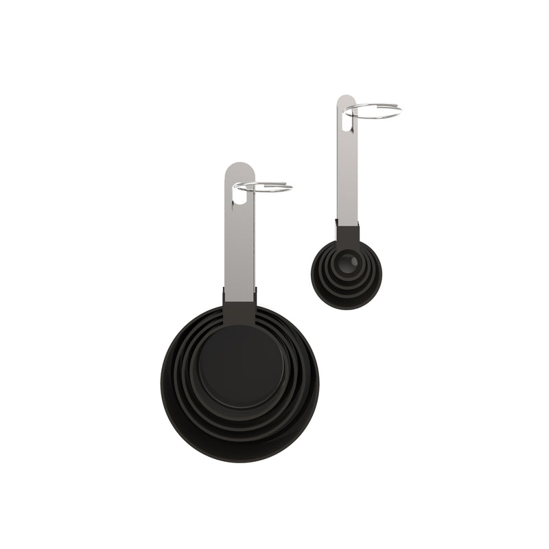 Emery Jensen 8-piece measuring spoon and cup set with stainless steel measuring tools on a white background.