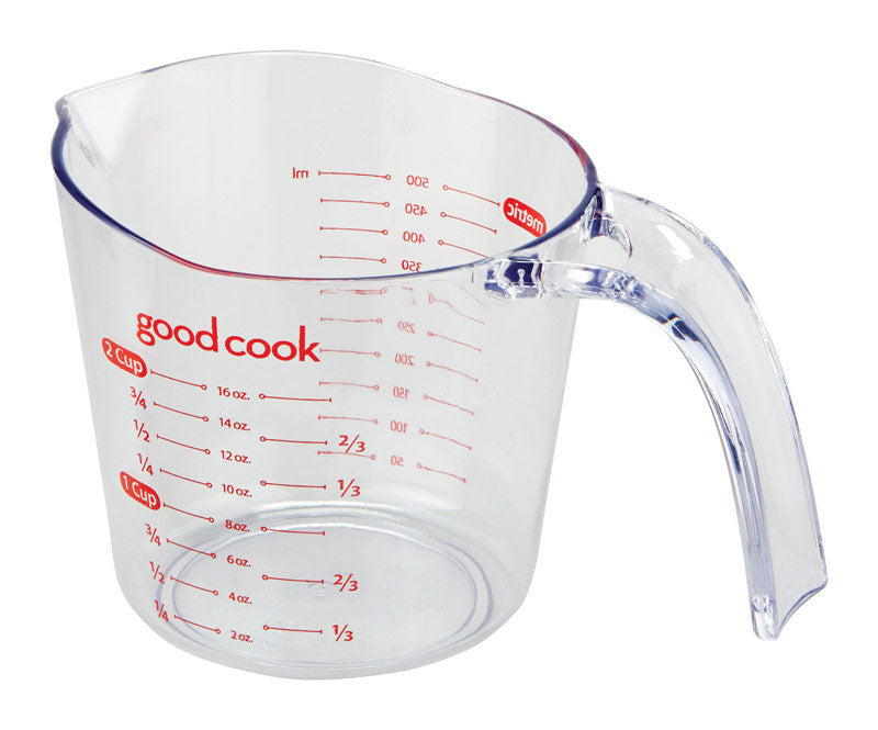Emery Jensen liquid measuring cup with 2-cup capacity, clear plastic with measurement markings for accurate liquid measurement.