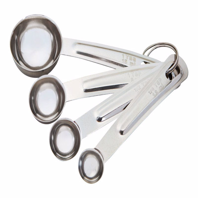 Set of four stainless steel measuring spoons by Emery Jensen, perfect for accurate kitchen measurements.