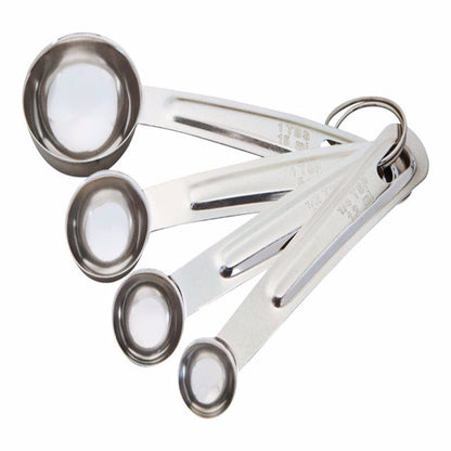 Set of four stainless steel measuring spoons by Emery Jensen, perfect for accurate kitchen measurements.