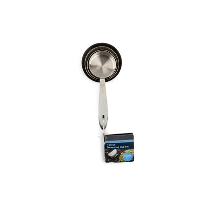 Emery Jensen 4-piece gray measuring cup set with marked handles and clear measurement indicators for accurate cooking and baking.