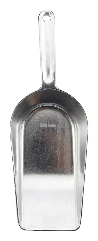 Aluminum scoop measuring 310mm by Emery Jensen, with a sturdy handle and smooth, polished surface for precise measurements.