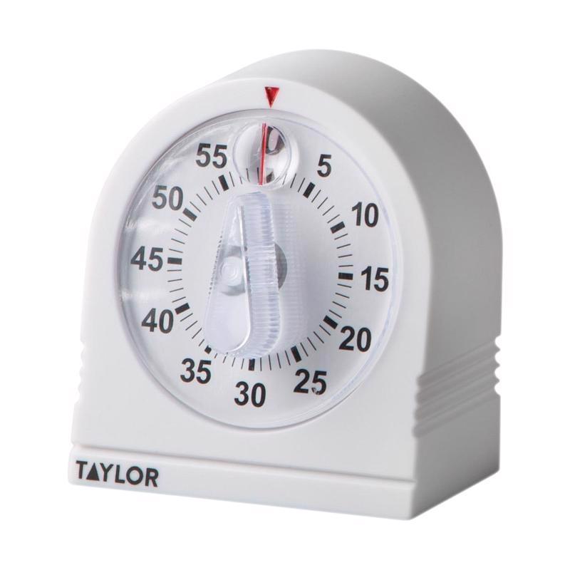 White Emery Jensen mechanical kitchen timer with a round dial and easy-to-read numbers for precise cooking timing.
