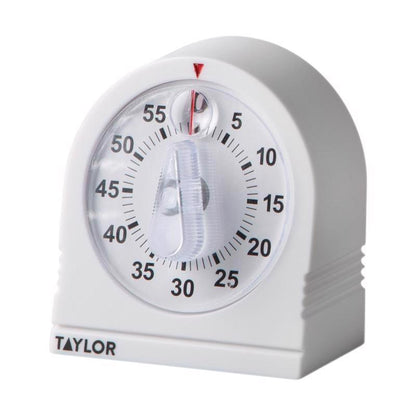 White Emery Jensen mechanical kitchen timer with a round dial and easy-to-read numbers for precise cooking timing.
