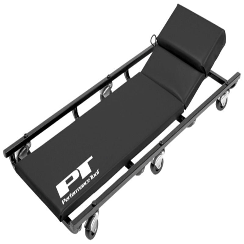 Emery Jensen mechanics creeper seat, 40-inch long, black padded cushion with adjustable height for vehicle repairs and maintenance.