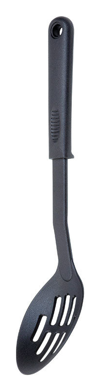 12-inch nylon slotted spoon from Emery Jensen, made of melamine and plastic, with a slotted head for straining.