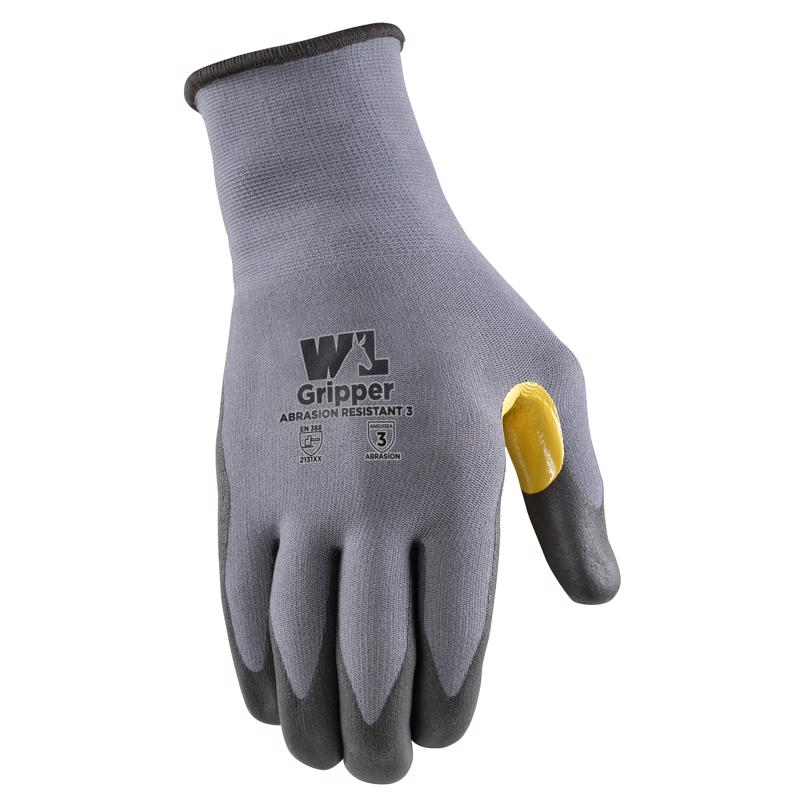 Emery Jensen men's dipped gloves in gray and yellow, size large, with protective rubber coating for work or industrial use.