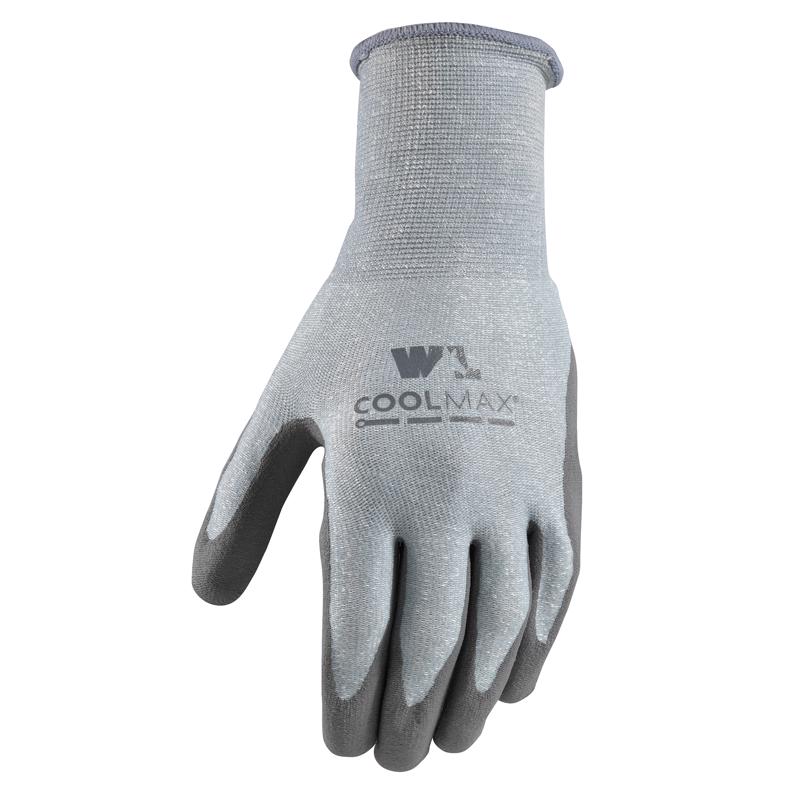 Emery Jensen men's knit work glove in size L, dipped for durability, with a textured grip for industrial or construction work.