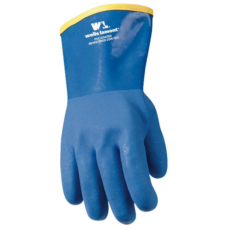 Blue men's dipped PVC acrylic gloves by Emery Jensen, designed for protection and durability.