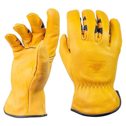 Emery Jensen men's heavy-duty leather gloves in yellow, designed for durability and grip during driving or manual work.