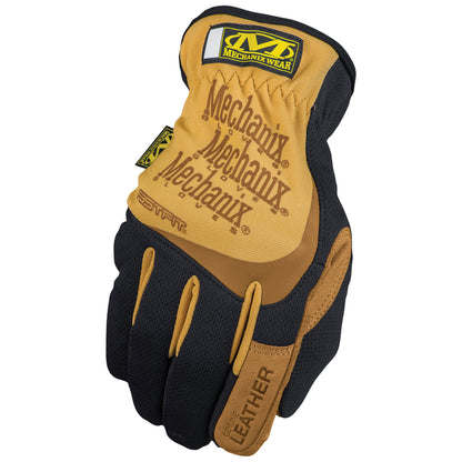 Men's leather work gloves from Emery Jensen, FastFit L size, showing durable leather construction and secure wrist strap.