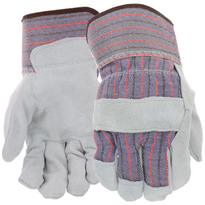Men's leather work gloves by Emery Jensen with split leather palms and reinforced stitching for durability.