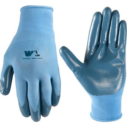 Purple men's work and garden gloves by Emery Jensen, showing a close-up of the durable fabric and reinforced fingertips.