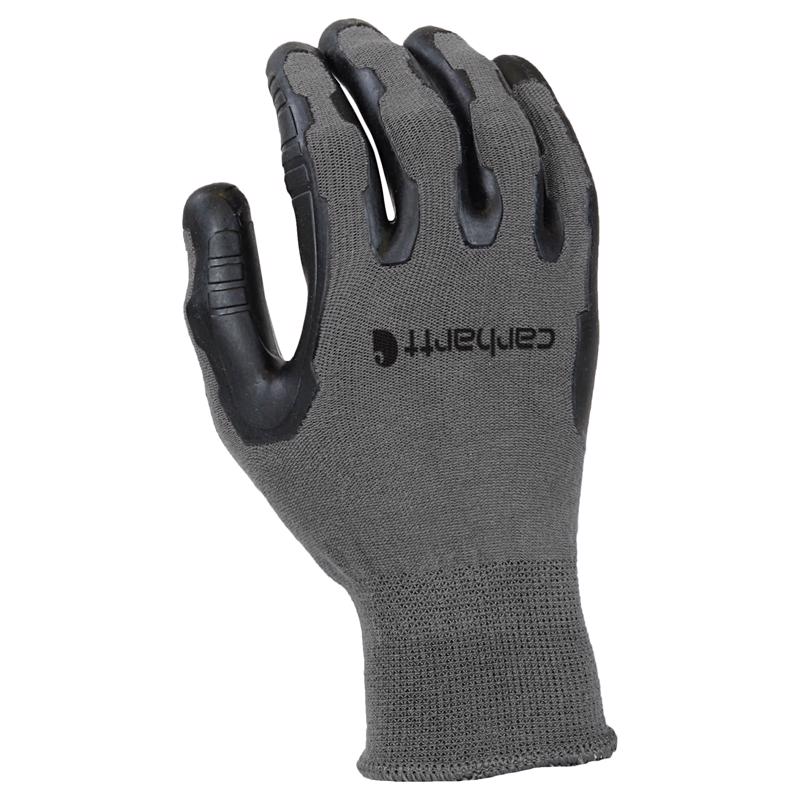 Emery Jensen men's gray knit work gloves, size XL, designed for gardening and manual labor, close-up of glove material and fit.