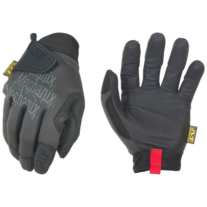 Black and gray men's work and garden gloves by Emery Jensen, durable fabric with reinforced palms for gardening and manual tasks.