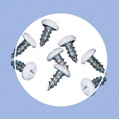 White metal screw SHMETAL CD8 by Emery Jensen, a durable metal accessory for construction or repair projects.