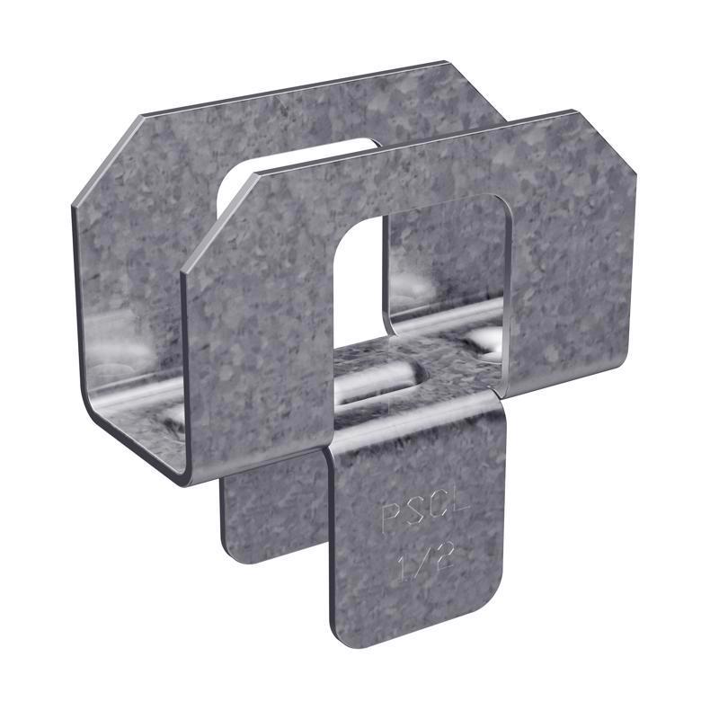 Emery Jensen 1/2-inch metal panel sheathing clip for securing panels in construction or roofing applications.