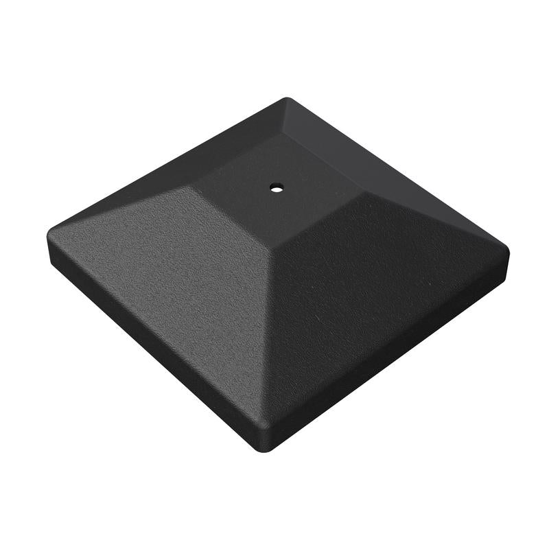 Black plastic 4x4 post cap from Emery Jensen, designed as a metal connector for wood fencing or posts.