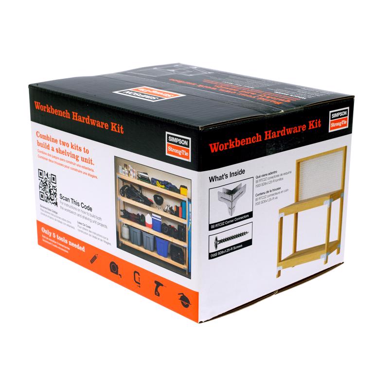 Emery Jensen metal connectors including a workbench shelf kit with metal brackets and hardware for woodworking projects.