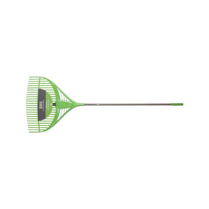 Steel leaf rake with a 26-inch handle by Emery Jensen, designed for efficient yard cleanup and leaf gathering.