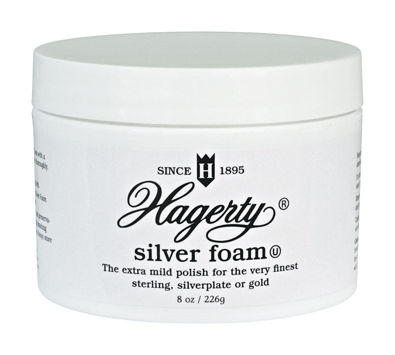 Silver foam metal polish from Emery Jensen, 8oz container, used for cleaning and shining metal surfaces.