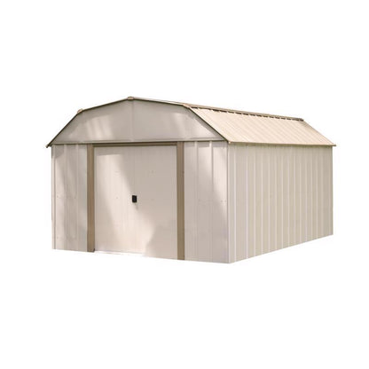 Emery Jensen 10x14-foot metal storage shed with double doors, gray exterior, and sloped roof for outdoor storage.
