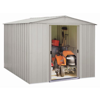 Emery Jensen metal shed with 10x10-foot storage capacity, gray galvanized steel construction, and durable weather-resistant design.