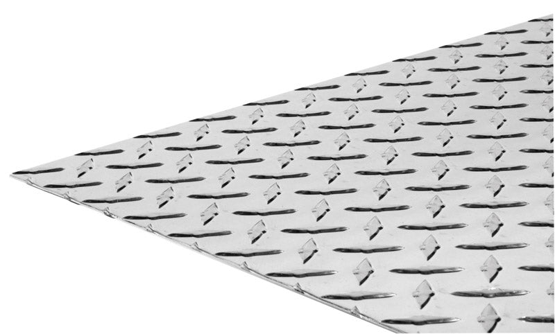 Emery Jensen diamond plate metal sheet in 12x24 inches with a textured aluminum surface for industrial or decorative use.