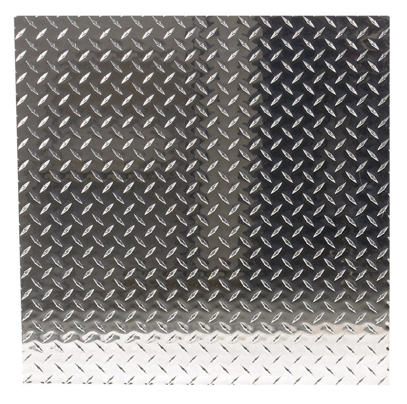 Emery Jensen diamond plate metal sheet, 24x24 inches, industrial steel with textured diamond pattern for durability and slip resistance.
