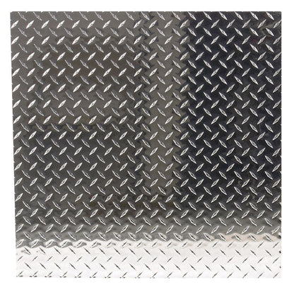 Emery Jensen diamond plate metal sheet, 24x24 inches, industrial steel with textured diamond pattern for durability and slip resistance.