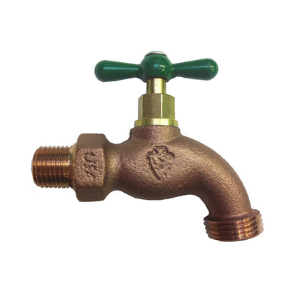 Brass 1/2-inch MIP hose bibb by Emery Jensen, metal silcock with threaded connection for outdoor water supply.
