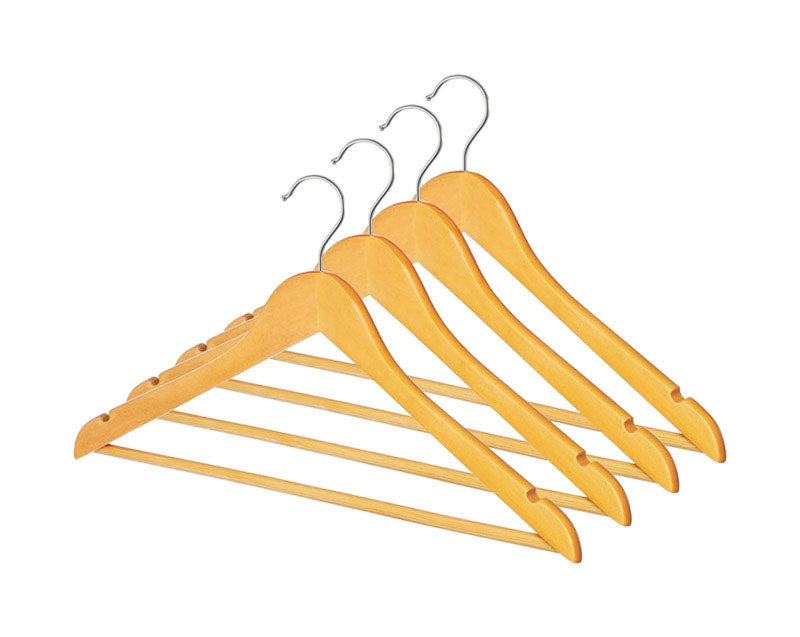 Set of four wooden and metal suit hangers by Emery Jensen, sturdy and stylish for hanging suits and formal clothing.