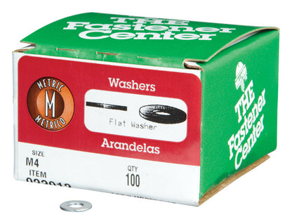Emery Jensen metric M4 flat washers, metal hardware with smooth circular shape for fastening and spacing applications.