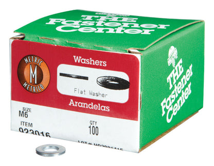 Emery Jensen M6 metric flat washers showing a set of metal washers with a smooth, flat surface and central hole.